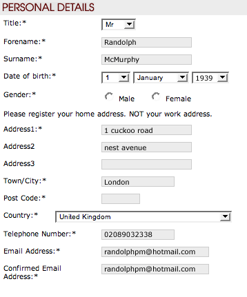 Example of completed Personal Details section of registration form
